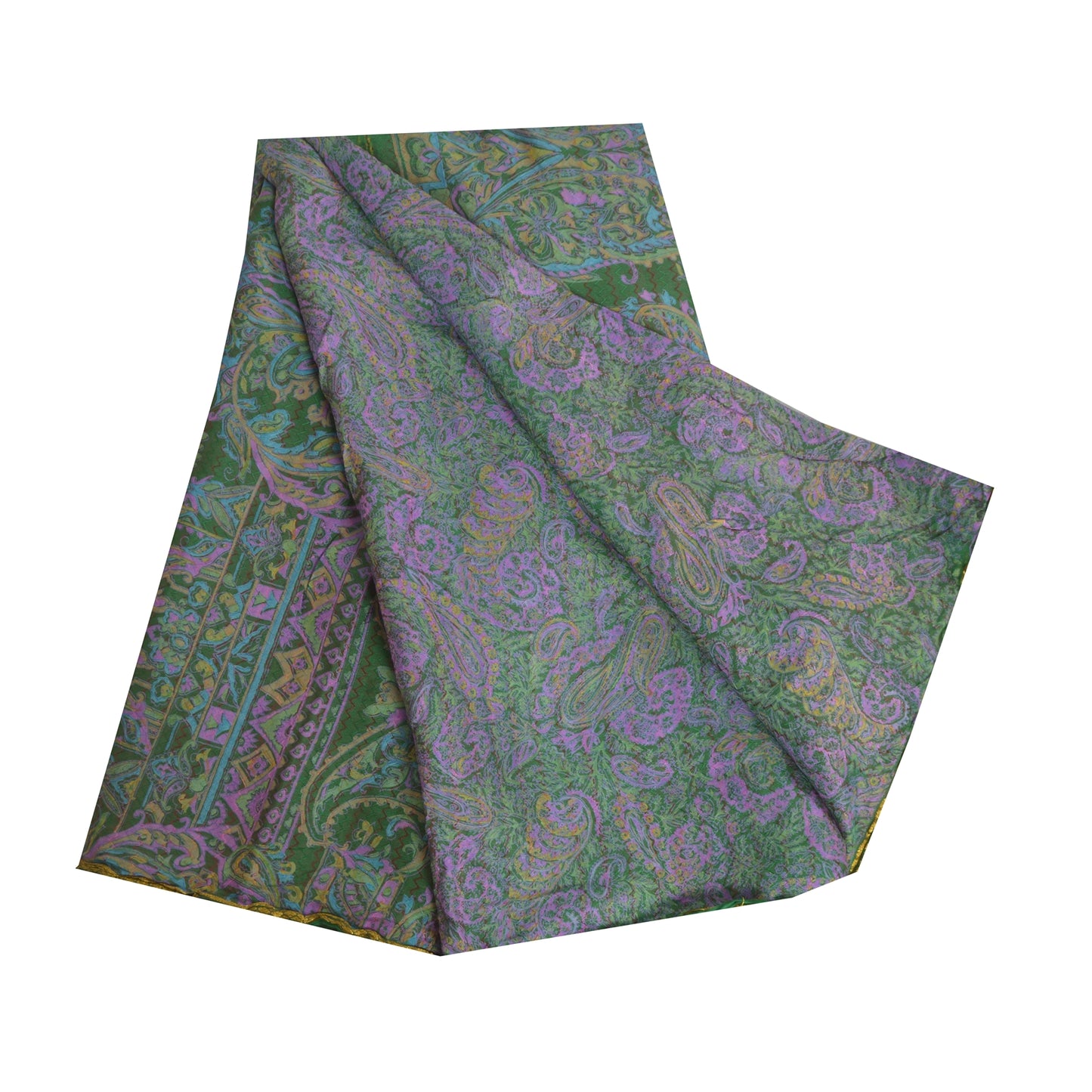 Sanskriti Vintage Sarees Purple/Green Pure Silk Printed Sari 6yd Craft Fabric