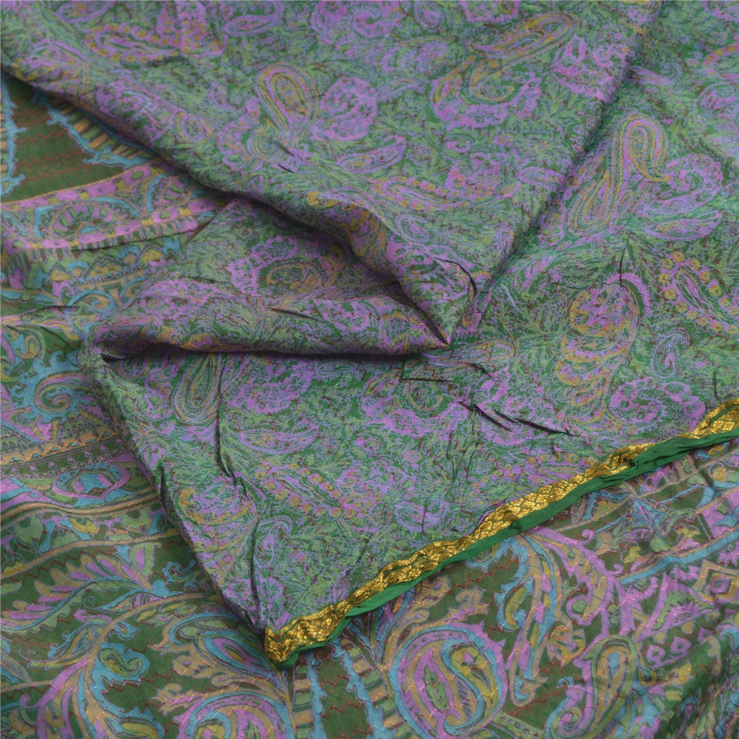 Sanskriti Vintage Sarees Purple/Green Pure Silk Printed Sari 6yd Craft Fabric