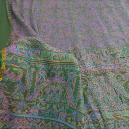 Sanskriti Vintage Sarees Purple/Green Pure Silk Printed Sari 6yd Craft Fabric