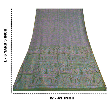 Sanskriti Vintage Sarees Purple/Green Pure Silk Printed Sari 6yd Craft Fabric