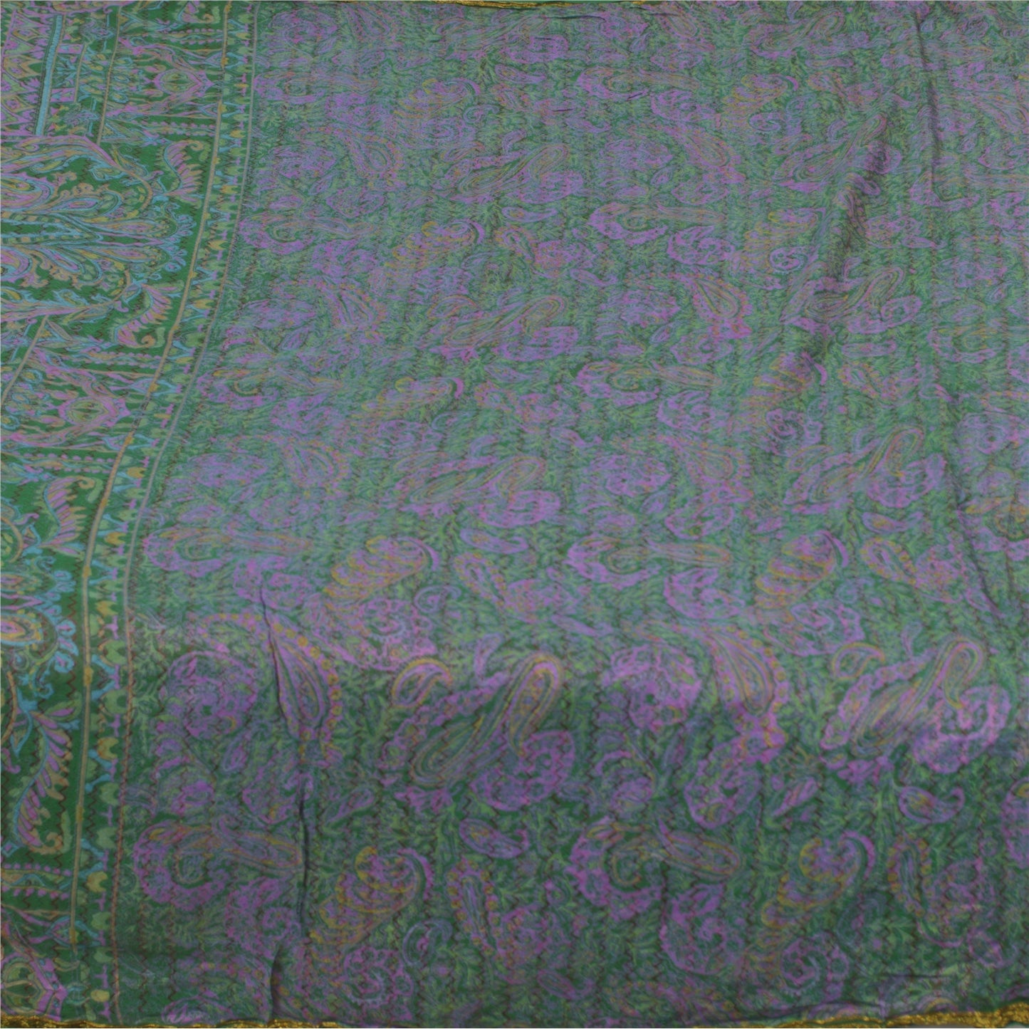 Sanskriti Vintage Sarees Purple/Green Pure Silk Printed Sari 6yd Craft Fabric