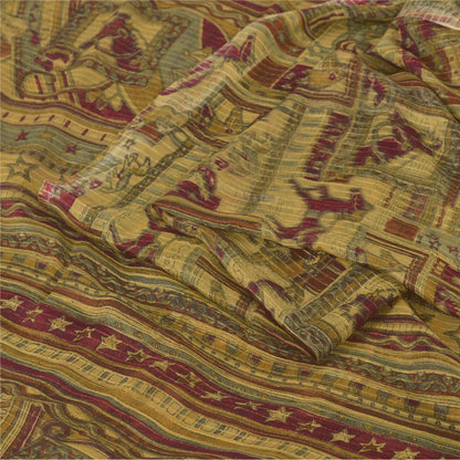 Sanskriti Vintage Sarees Pale-Yellow Pure Silk Printed Sari 5yd Craft Fabric