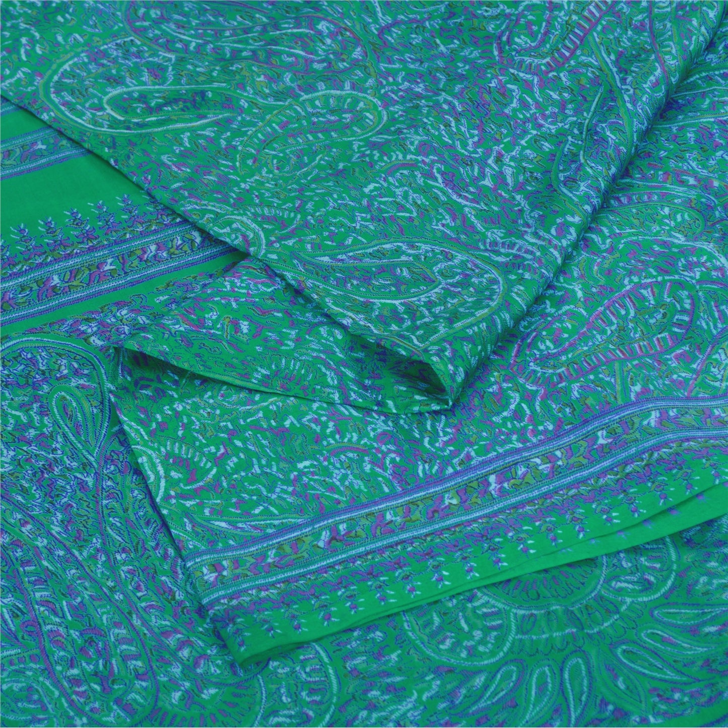 Sanskriti Vintage Sarees Green/Purple Pure Silk Printed Sari 5yd Craft Fabric