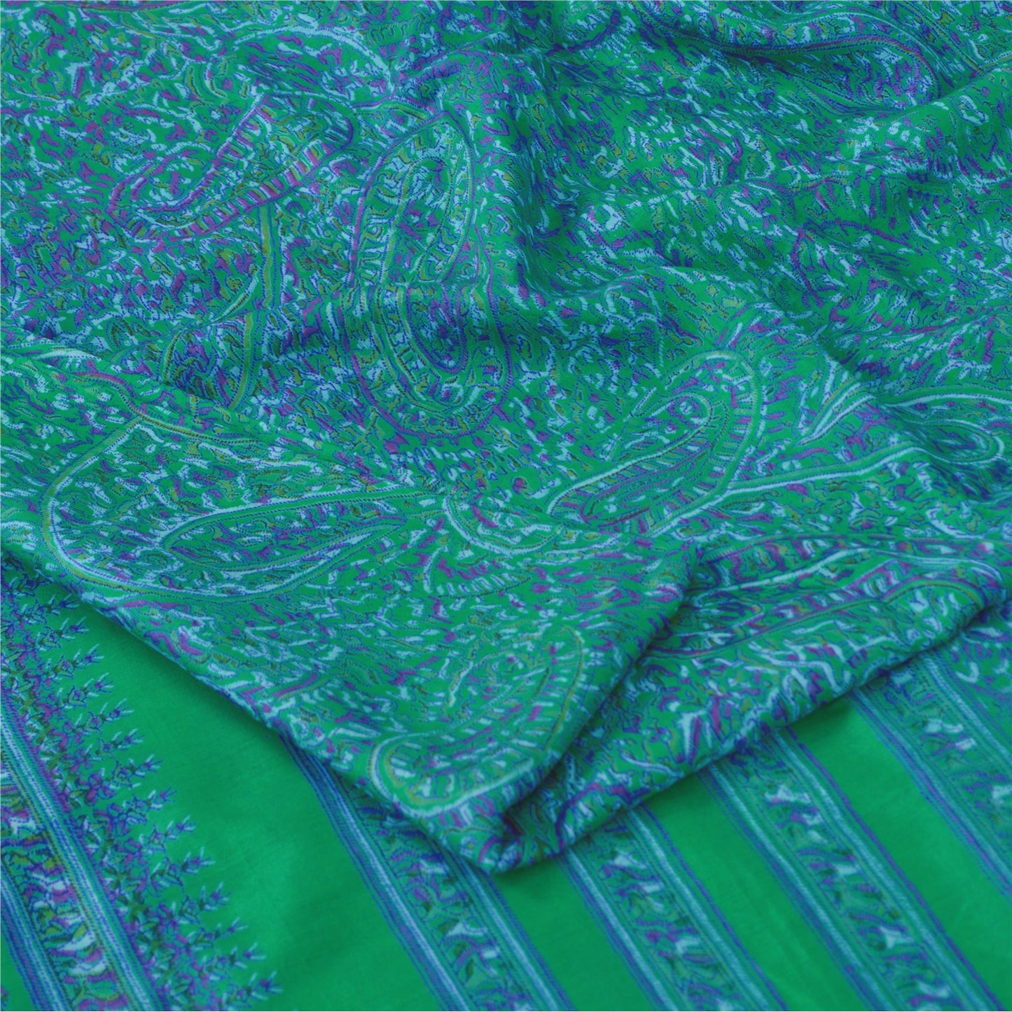 Sanskriti Vintage Sarees Green/Purple Pure Silk Printed Sari 5yd Craft Fabric