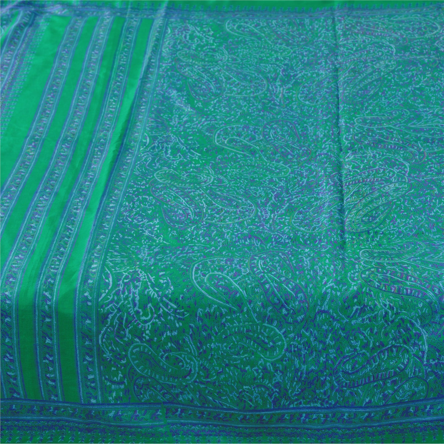 Sanskriti Vintage Sarees Green/Purple Pure Silk Printed Sari 5yd Craft Fabric