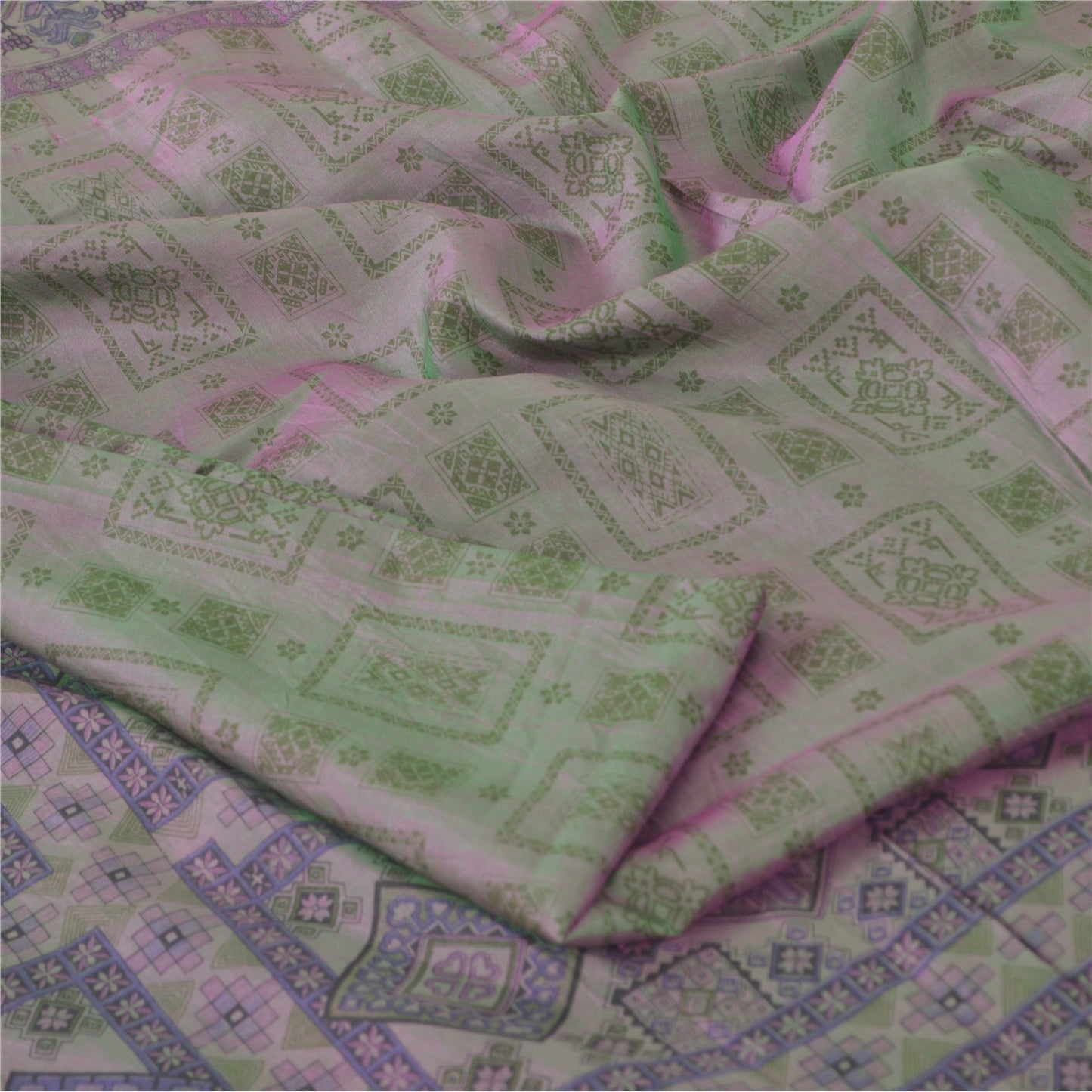 Sanskriti Vintage Sarees Pastel-Green Zari Border Pure Silk Print Sari Fabric