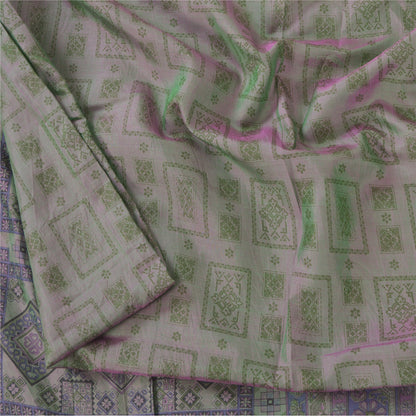 Sanskriti Vintage Sarees Pastel-Green Zari Border Pure Silk Print Sari Fabric