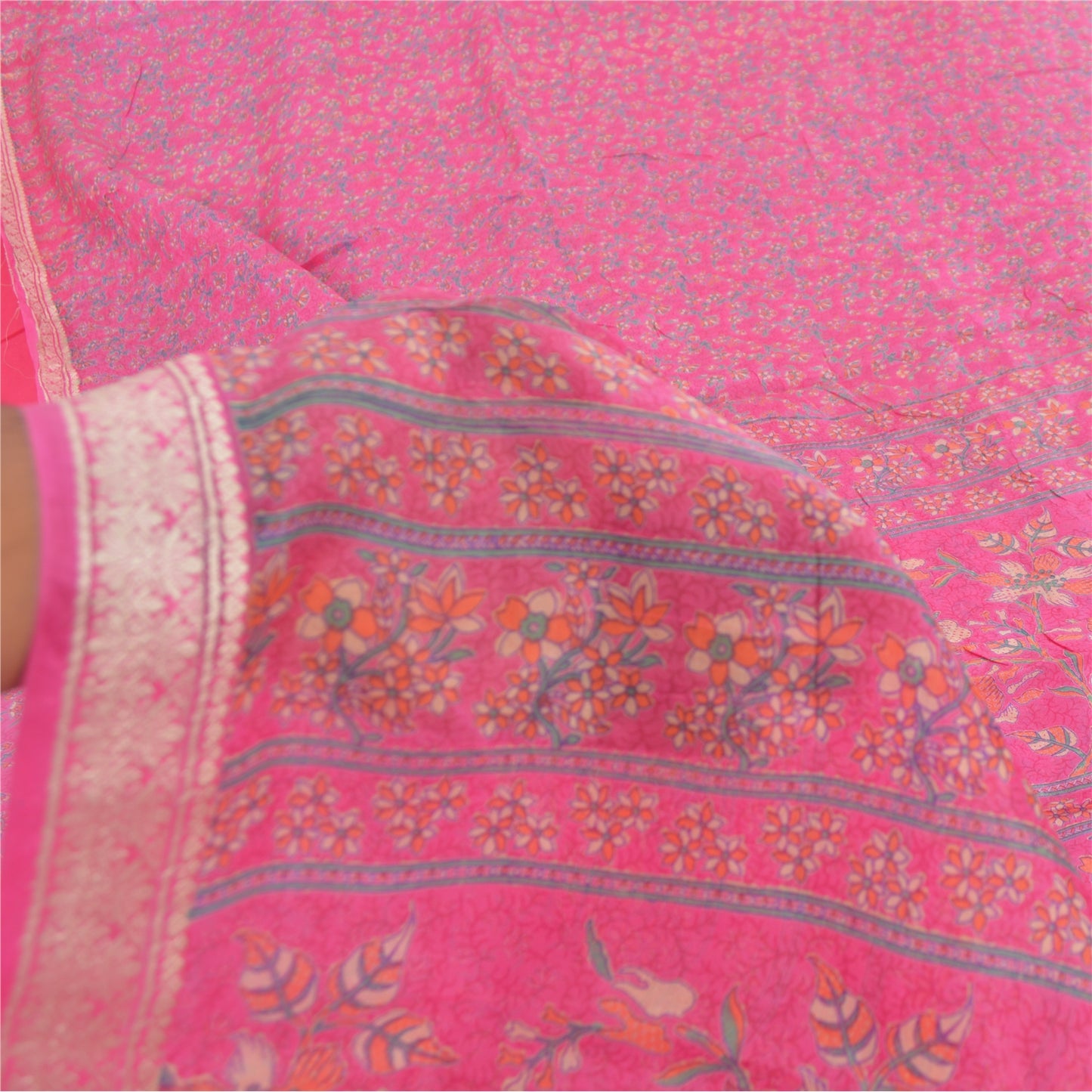 Sanskriti Vintage Sarees Quilting Felting Craft Fabric Pink Pure Silk Print Sari