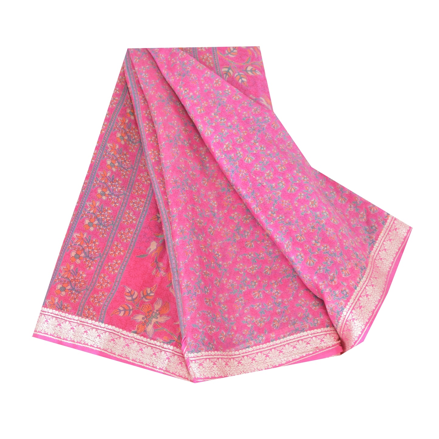 Sanskriti Vintage Sarees Quilting Felting Craft Fabric Pink Pure Silk Print Sari