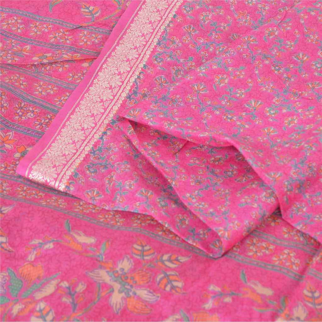 Sanskriti Vintage Sarees Quilting Felting Craft Fabric Pink Pure Silk Print Sari