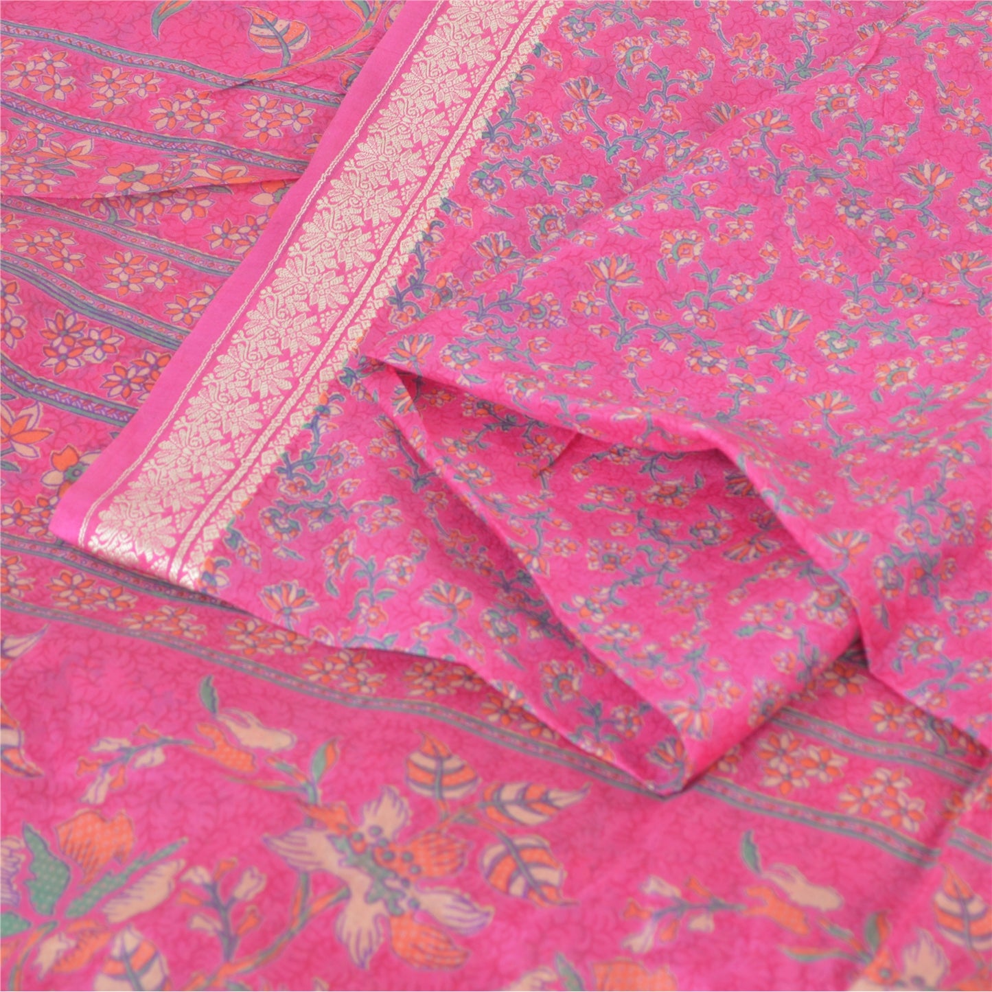 Sanskriti Vintage Sarees Quilting Felting Craft Fabric Pink Pure Silk Print Sari