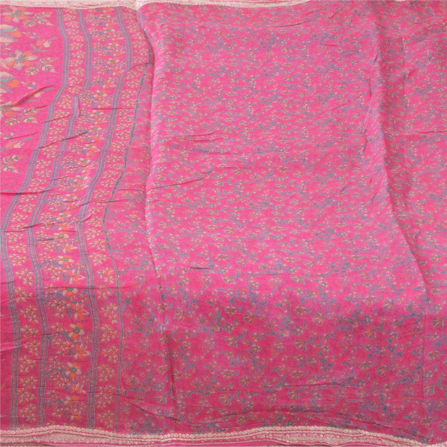 Sanskriti Vintage Sarees Quilting Felting Craft Fabric Pink Pure Silk Print Sari