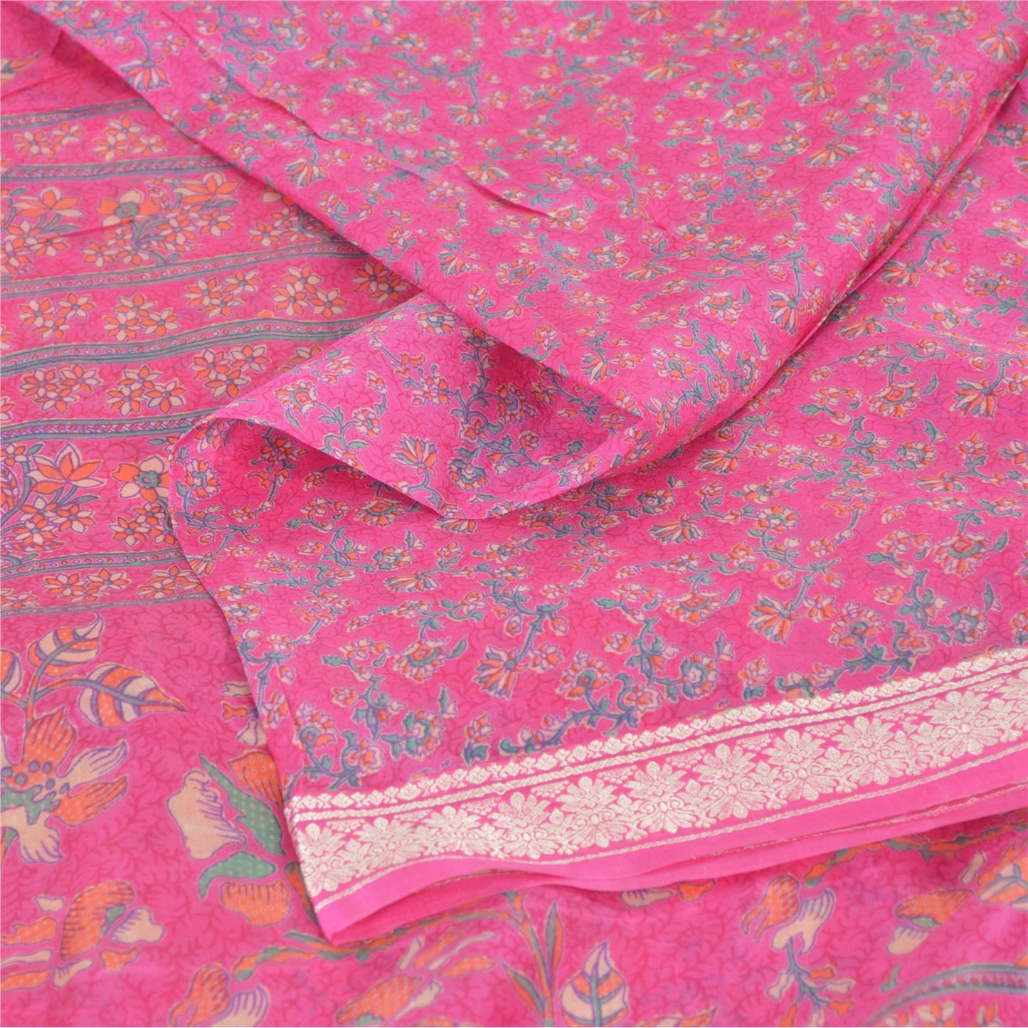 Sanskriti Vintage Sarees Quilting Felting Craft Fabric Pink Pure Silk Print Sari