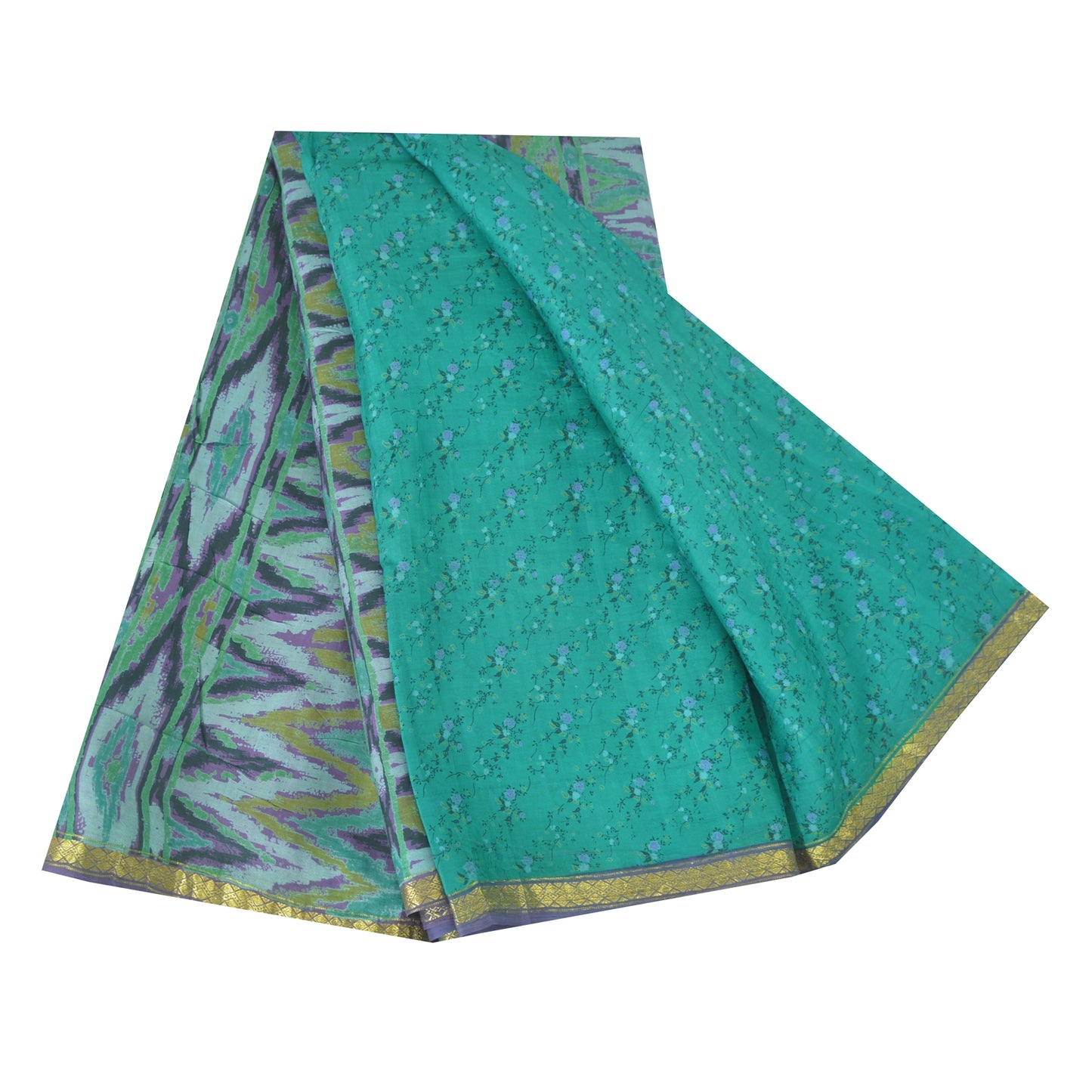 Sanskriti Vintage Sarees Blue Zari Border Pure Silk Print Sari 6yd Craft Fabric