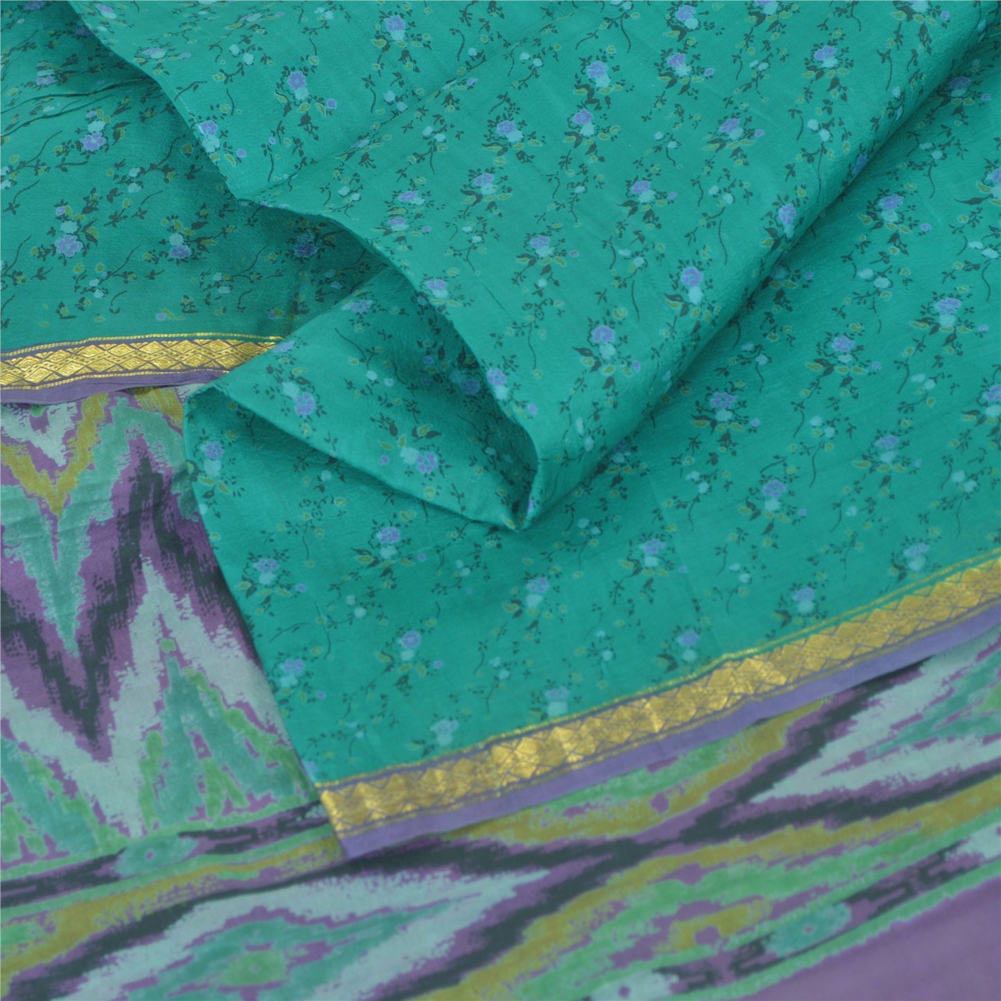 Sanskriti Vintage Sarees Blue Zari Border Pure Silk Print Sari 6yd Craft Fabric