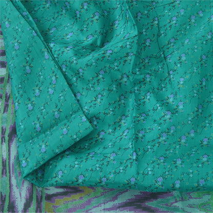 Sanskriti Vintage Sarees Blue Zari Border Pure Silk Print Sari 6yd Craft Fabric