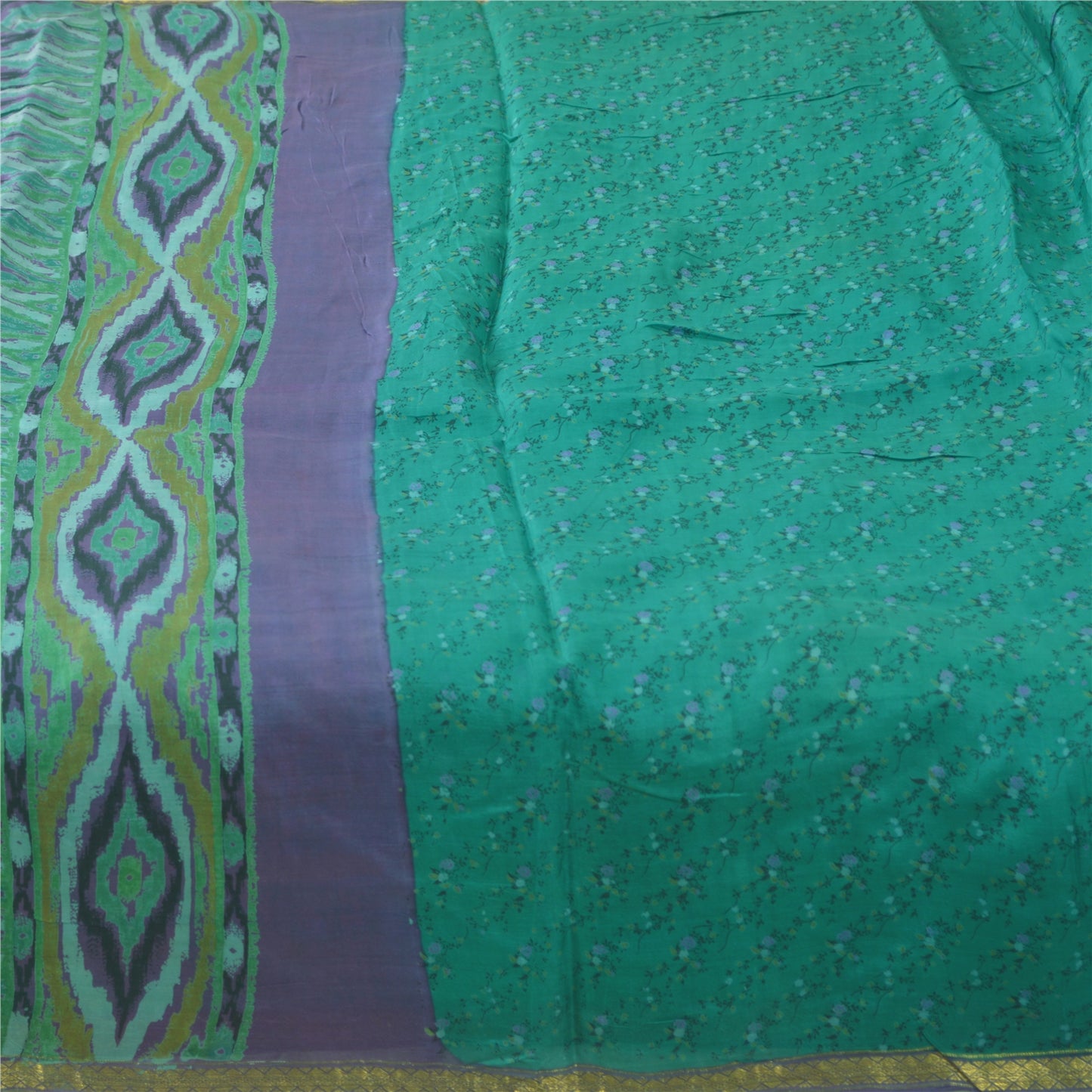 Sanskriti Vintage Sarees Blue Zari Border Pure Silk Print Sari 6yd Craft Fabric