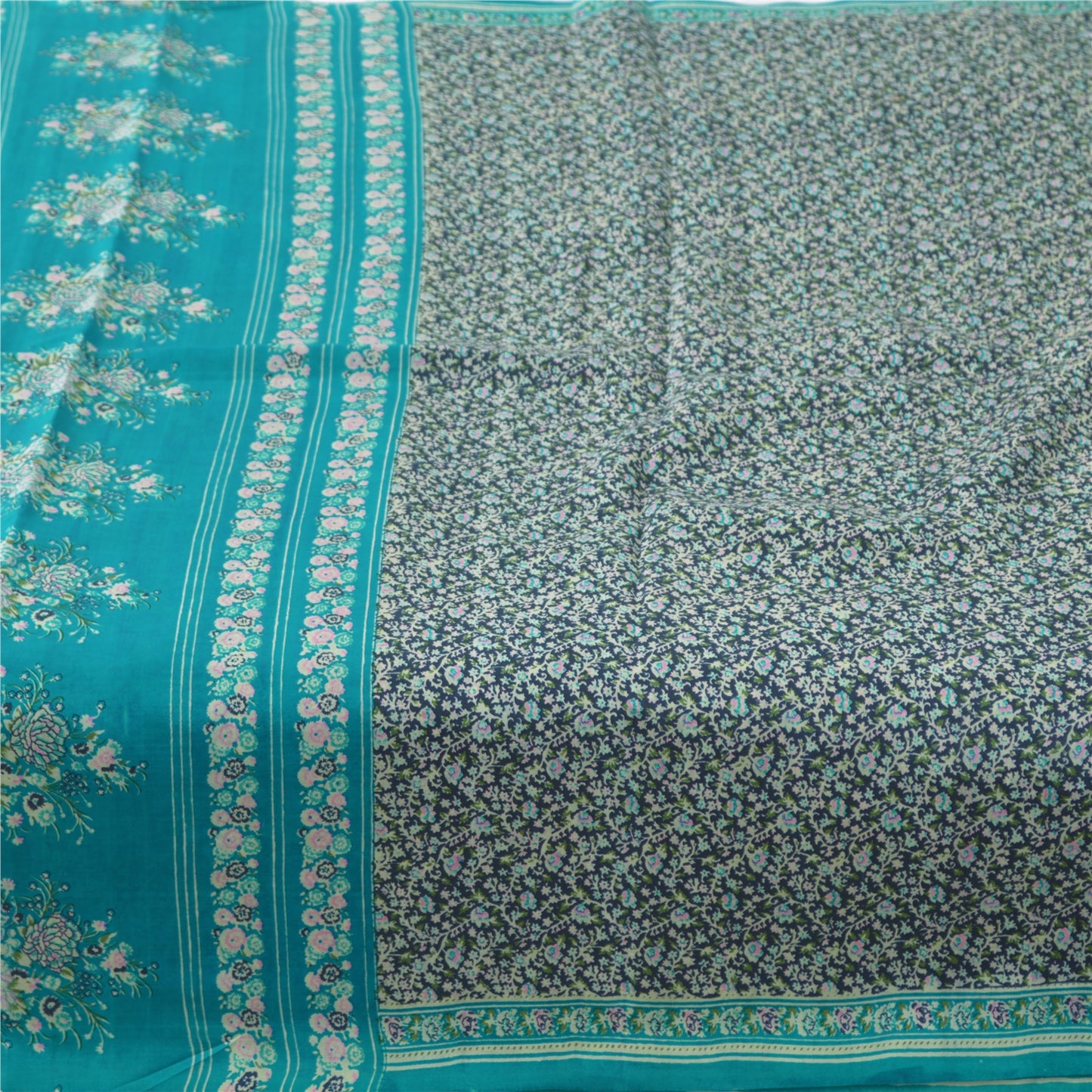 Sanskriti Vintage Sarees 6yd Quilting Felting Craft Fabric Blue Pure Silk Sari