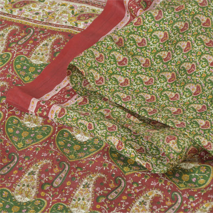 Sanskriti Vintage Sarees Green/Red Indian Pure Silk Print Sari 5yd Craft Fabric