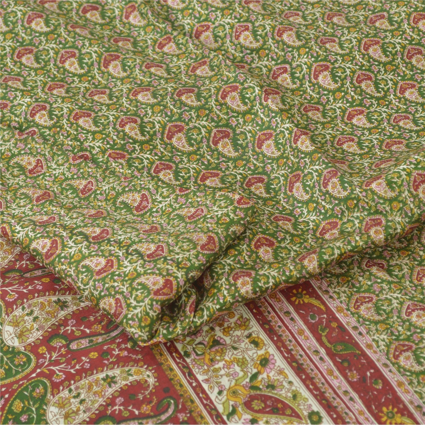 Sanskriti Vintage Sarees Green/Red Indian Pure Silk Print Sari 5yd Craft Fabric