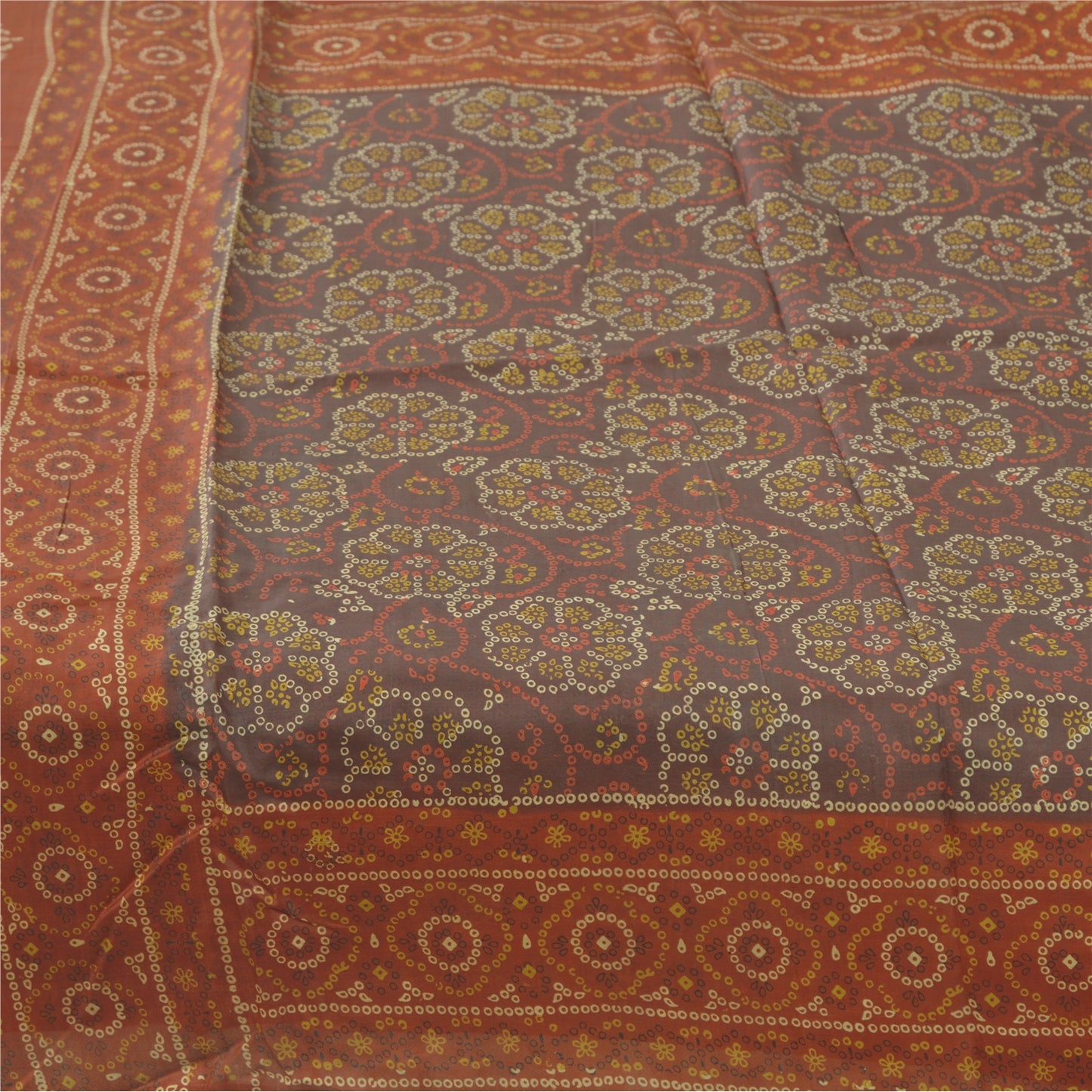 Sanskriti Vintage Sarees Gray/Orange Bandhani Pure Silk Printed Sari 5yd Fabric