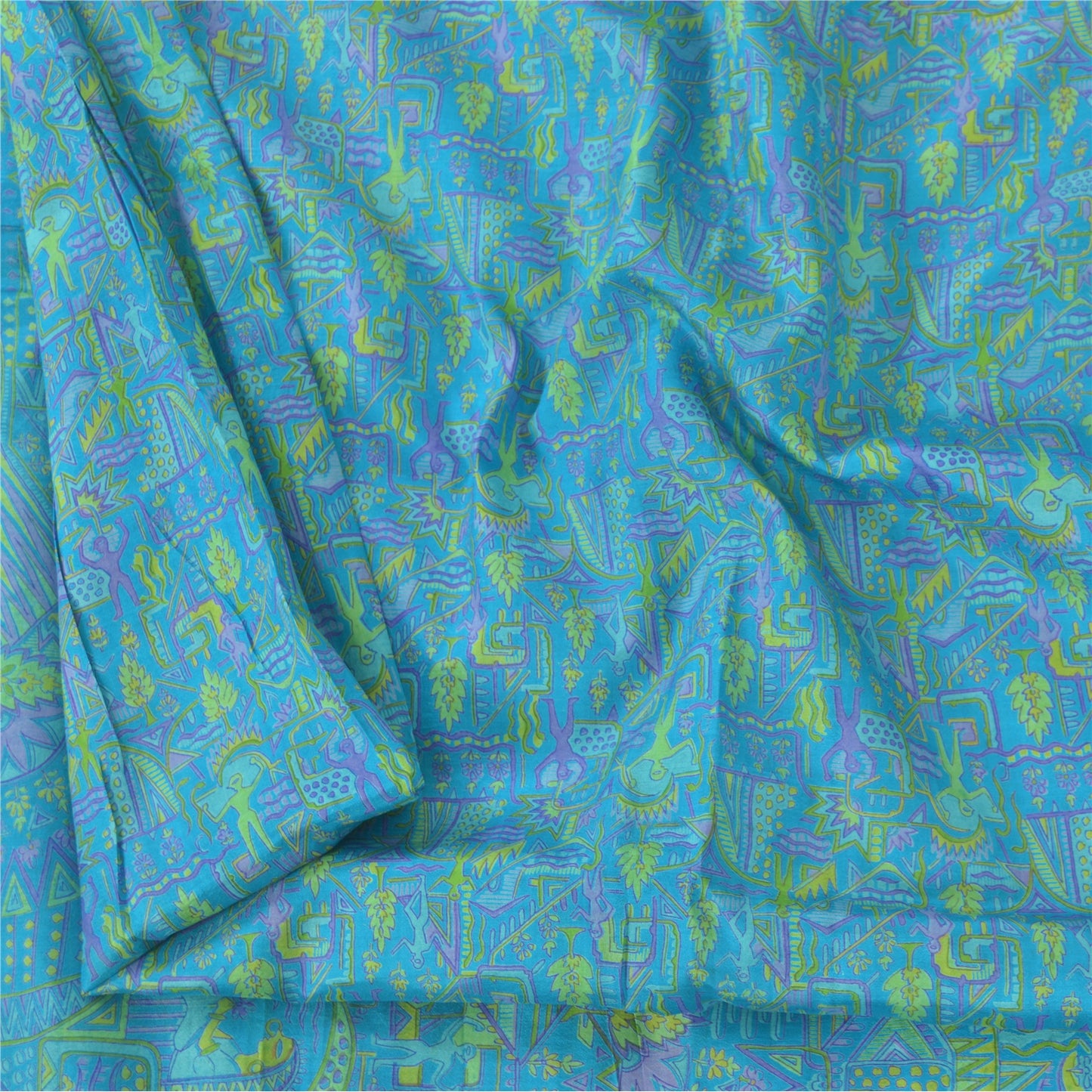 Sanskriti Vintage Sarees Blue Human Printed 100% Pure Silk Sari 6yd Craft Fabric