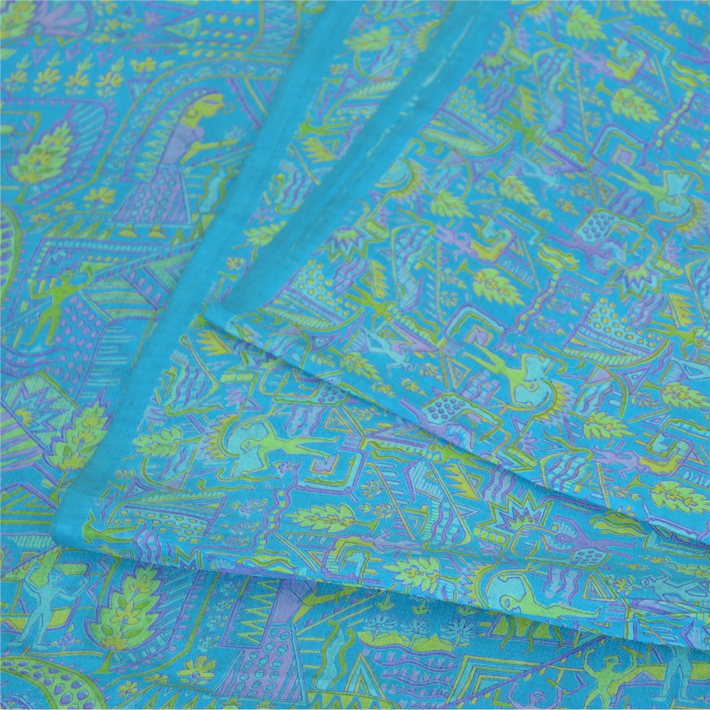 Sanskriti Vintage Sarees Blue Human Printed 100% Pure Silk Sari 6yd Craft Fabric