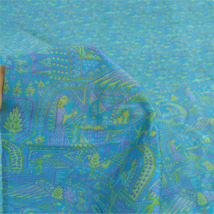 Sanskriti Vintage Sarees Blue Human Printed 100% Pure Silk Sari 6yd Craft Fabric