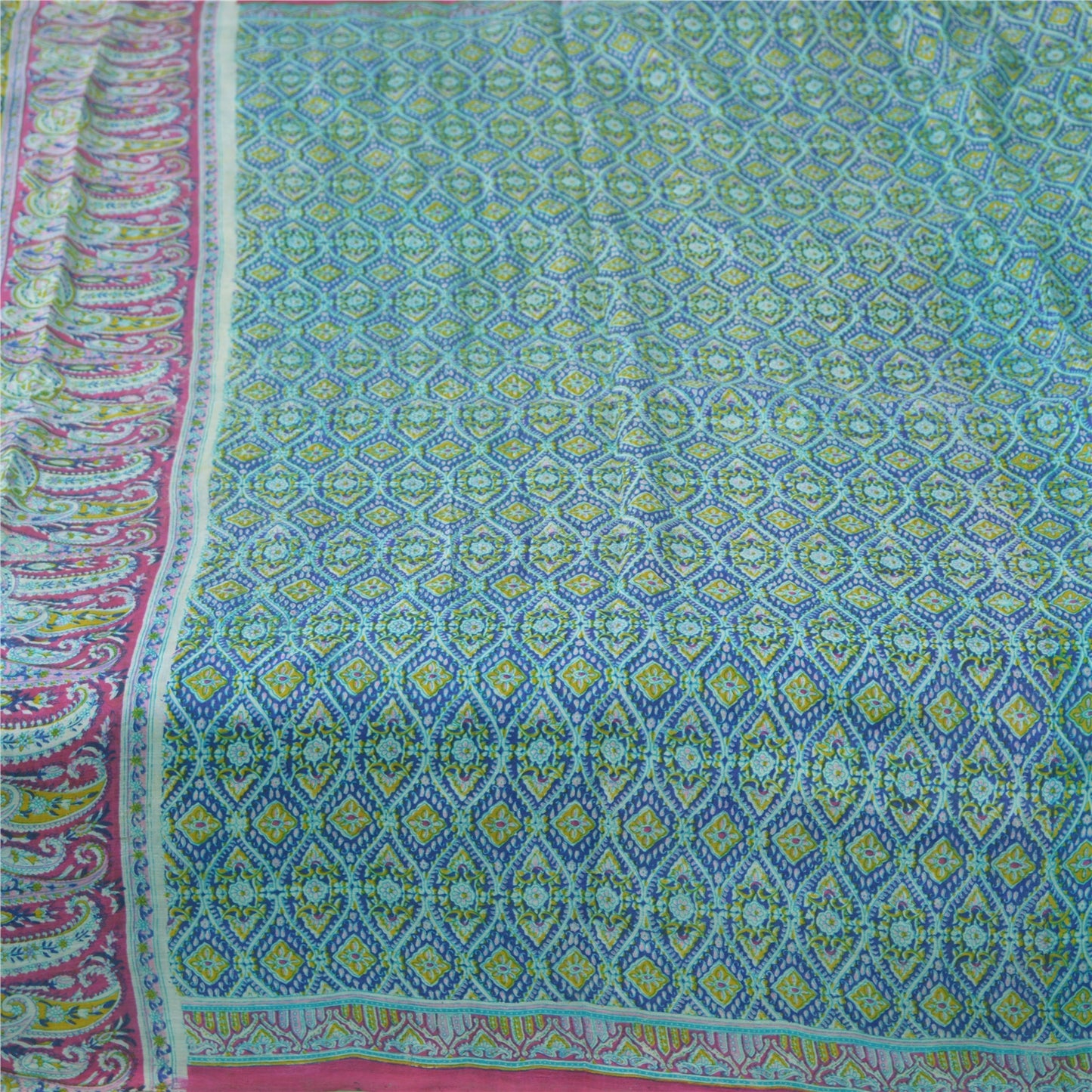 Sanskriti Vintage Sarees Blue From India Pure Silk Printed Sari 5yd Craft Fabric