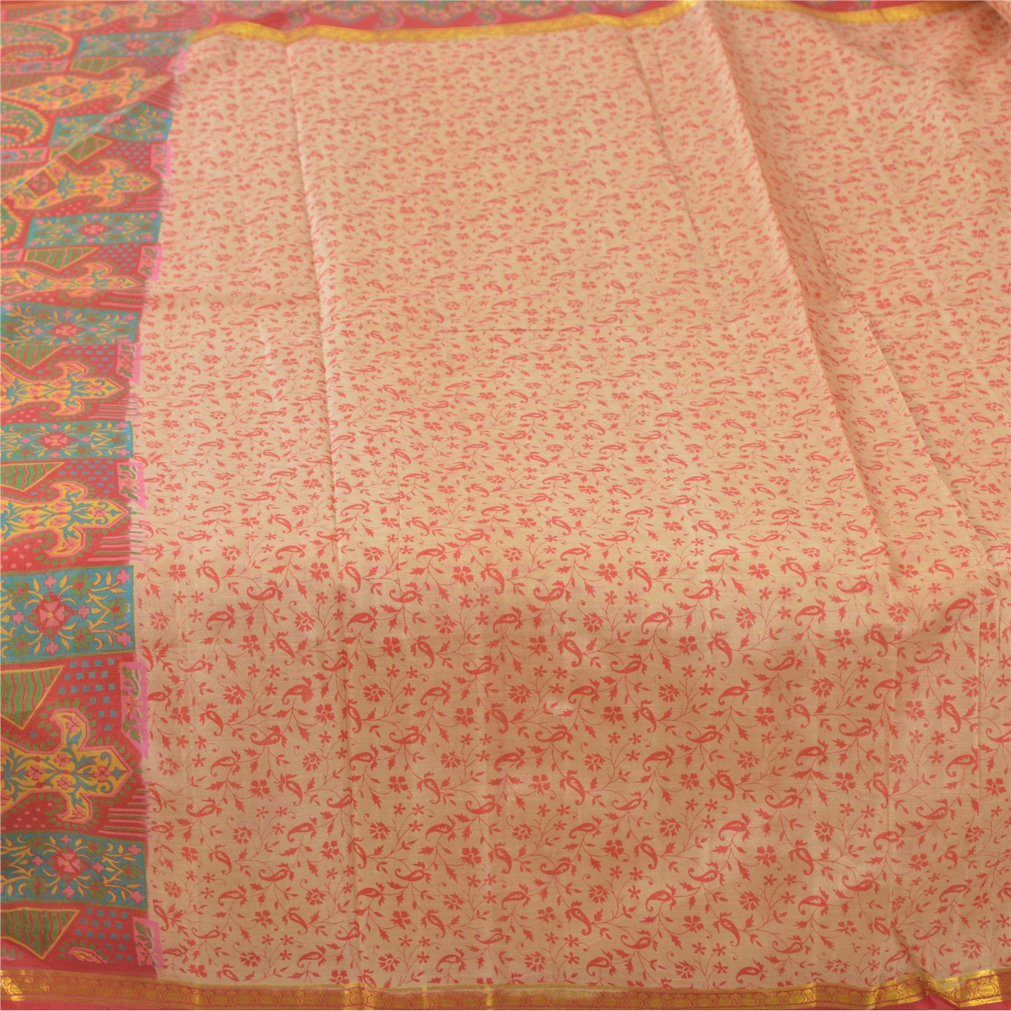 Sanskriti Vintage Sarees Cream/Red Zari Border Pure Silk Printed Sari 5yd Fabric