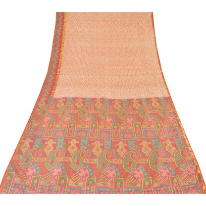 Sanskriti Vintage Sarees Cream/Red Zari Border Pure Silk Printed Sari 5yd Fabric