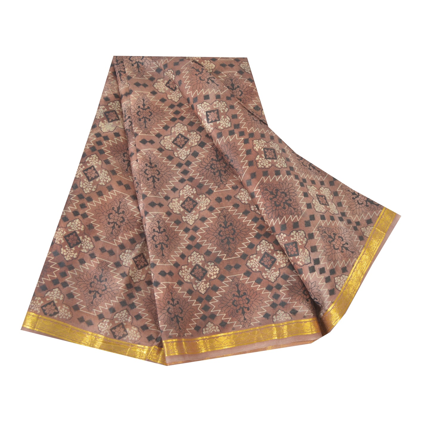 Sanskriti Vintage Sarees Brown Zari Border Pure Silk Print Sari 6yd Craft Fabric