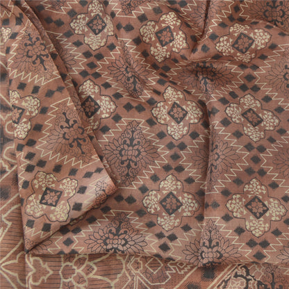 Sanskriti Vintage Sarees Brown Zari Border Pure Silk Print Sari 6yd Craft Fabric