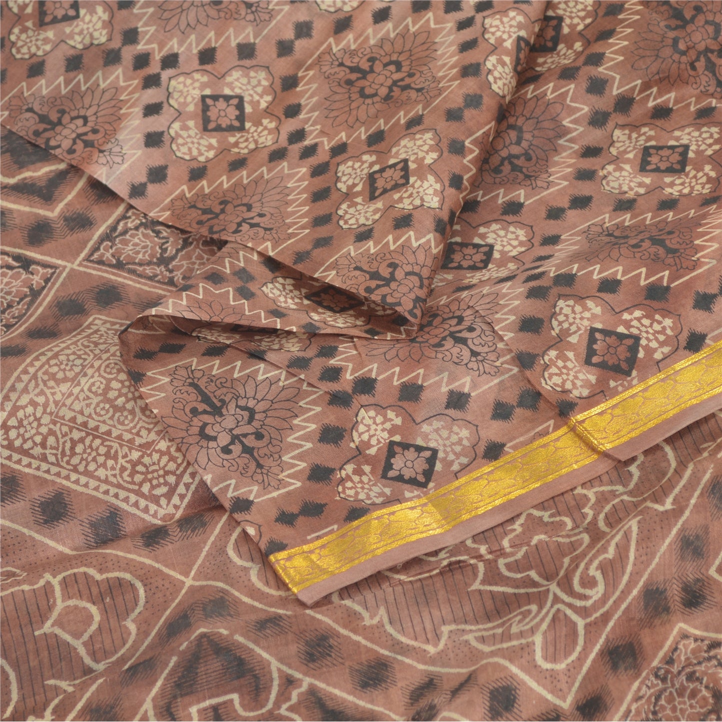 Sanskriti Vintage Sarees Brown Zari Border Pure Silk Print Sari 6yd Craft Fabric