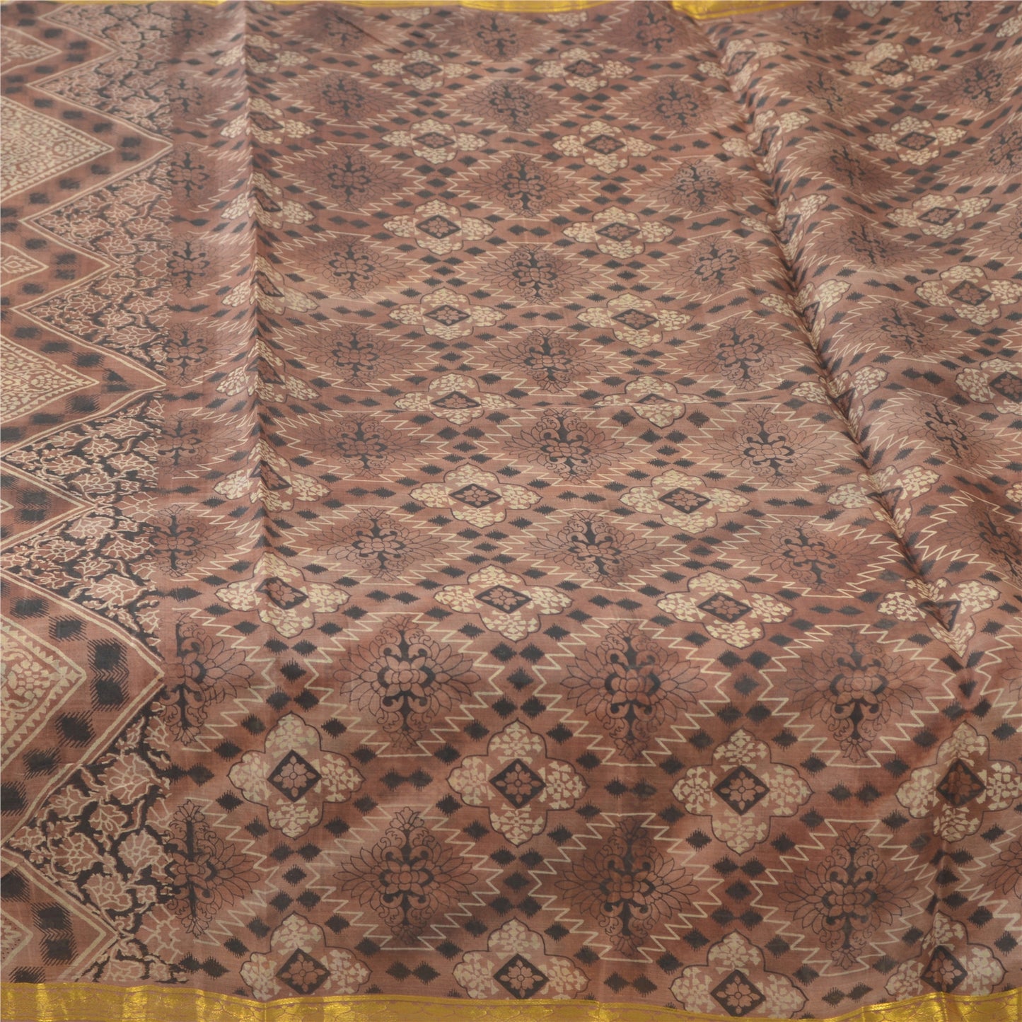 Sanskriti Vintage Sarees Brown Zari Border Pure Silk Print Sari 6yd Craft Fabric