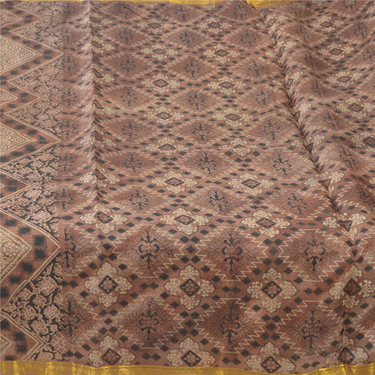 Sanskriti Vintage Sarees Brown Zari Border Pure Silk Print Sari 6yd Craft Fabric