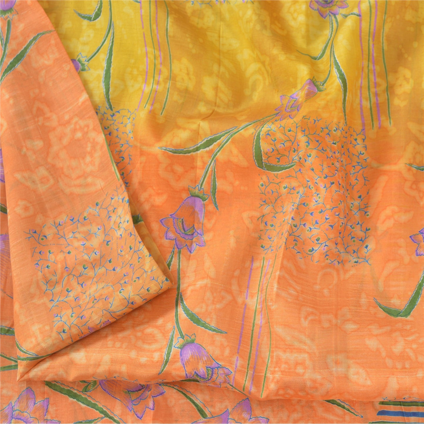 Sanskriti Vintage Sarees Orange/Yellow Pure Silk Printed Sari 6yd Craft Fabric