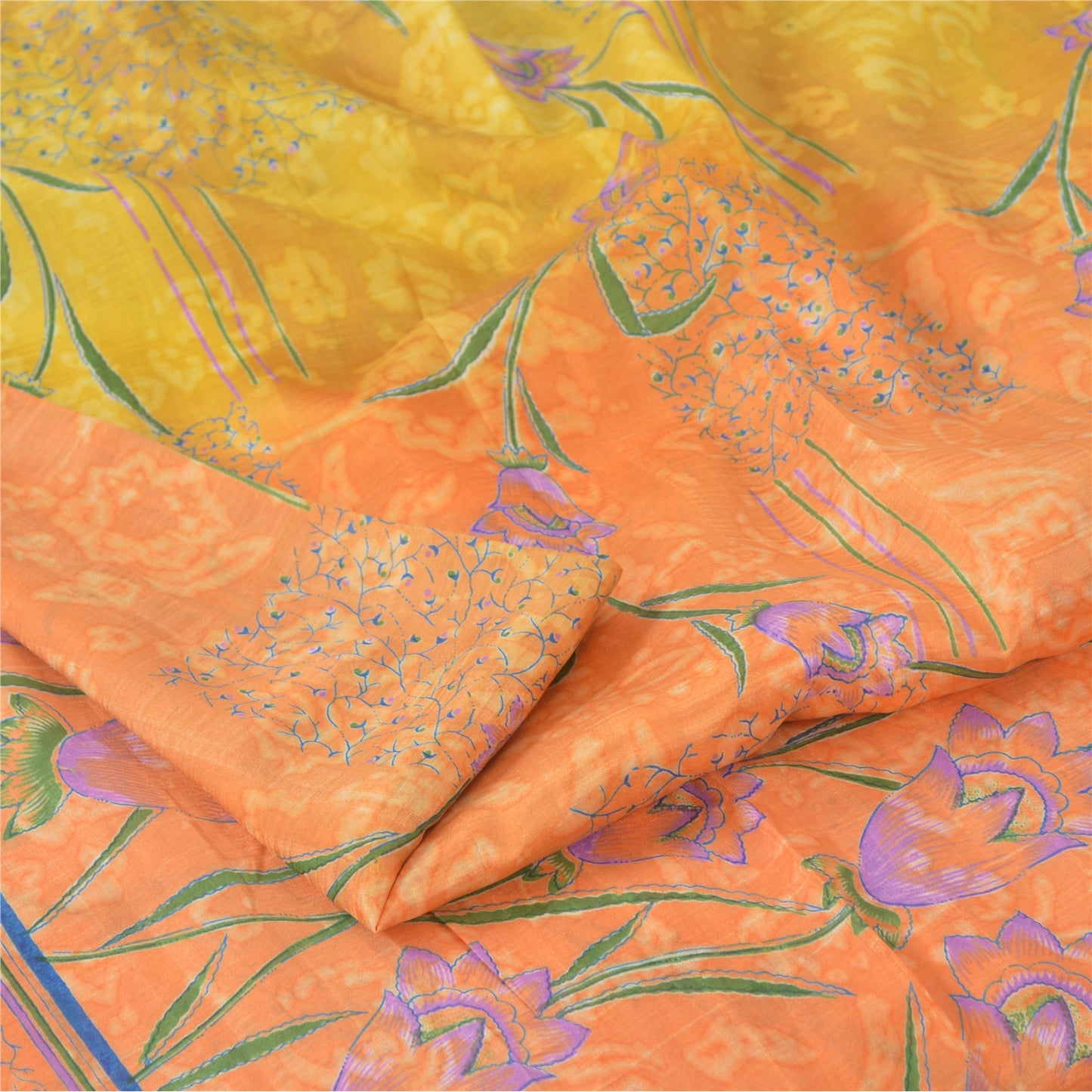 Sanskriti Vintage Sarees Orange/Yellow Pure Silk Printed Sari 6yd Craft Fabric