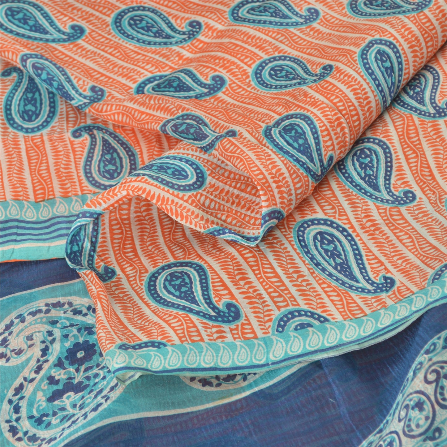 Sanskriti Vintage Sarees Peach/Blue 100% Pure Silk Printed Sari 5yd Craft Fabric