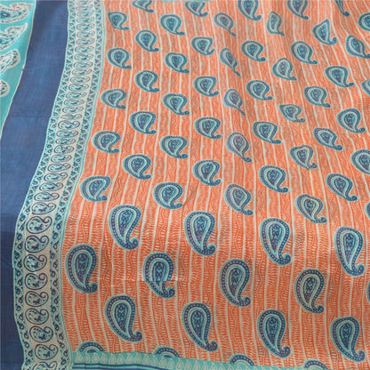 Sanskriti Vintage Sarees Peach/Blue 100% Pure Silk Printed Sari 5yd Craft Fabric