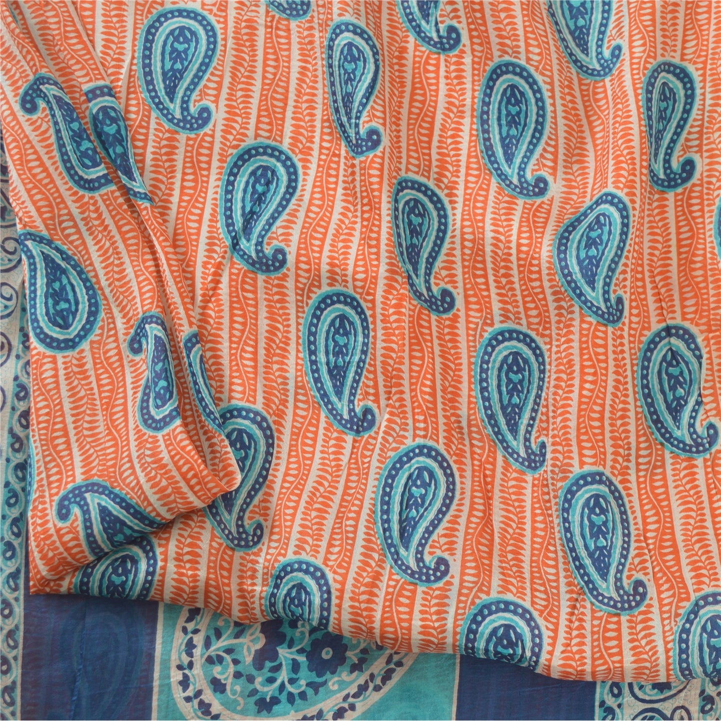 Sanskriti Vintage Sarees Peach/Blue 100% Pure Silk Printed Sari 5yd Craft Fabric