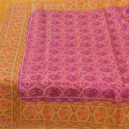 Sanskriti Vintage Sarees Pink/Saffron Pure Silk Bandhani Printed Sari Fabric