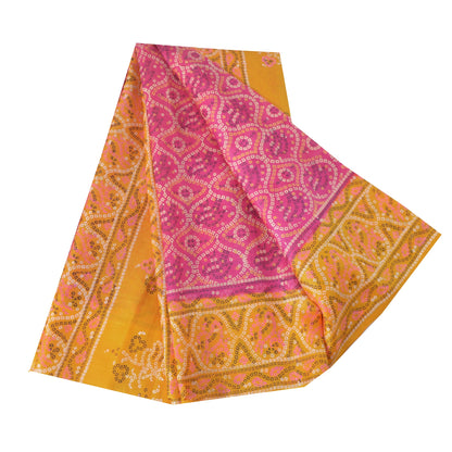 Sanskriti Vintage Sarees Pink/Saffron Pure Silk Bandhani Printed Sari Fabric