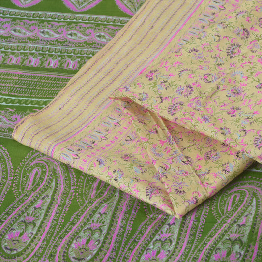 Sanskriti Vintage Sarees Lemon Indian Pure Silk Printed Sari 6yd Craft Fabric