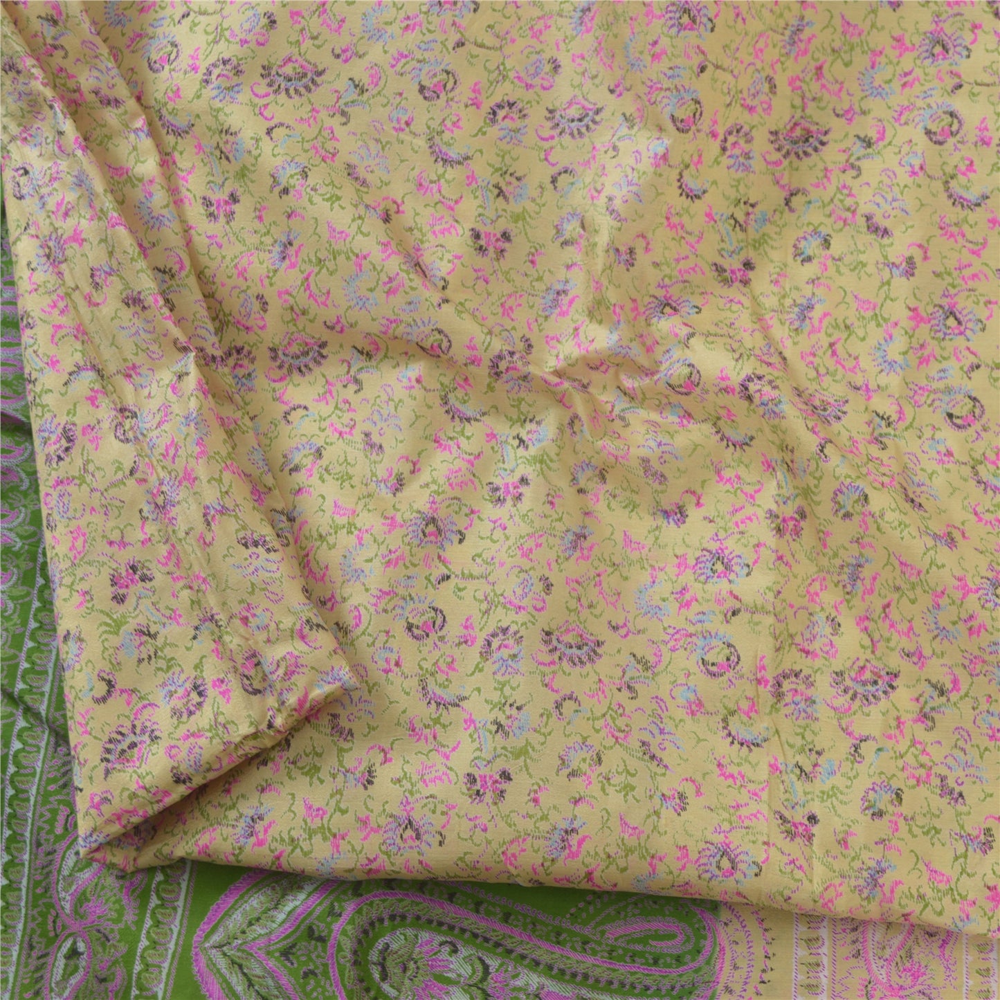 Sanskriti Vintage Sarees Lemon Indian Pure Silk Printed Sari 6yd Craft Fabric