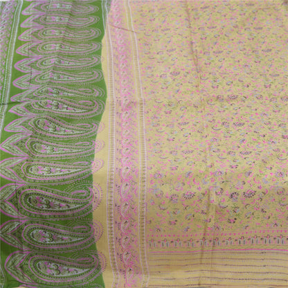 Sanskriti Vintage Sarees Lemon Indian Pure Silk Printed Sari 6yd Craft Fabric