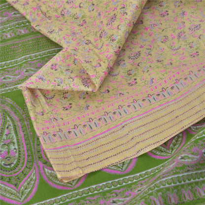 Sanskriti Vintage Sarees Lemon Indian Pure Silk Printed Sari 6yd Craft Fabric