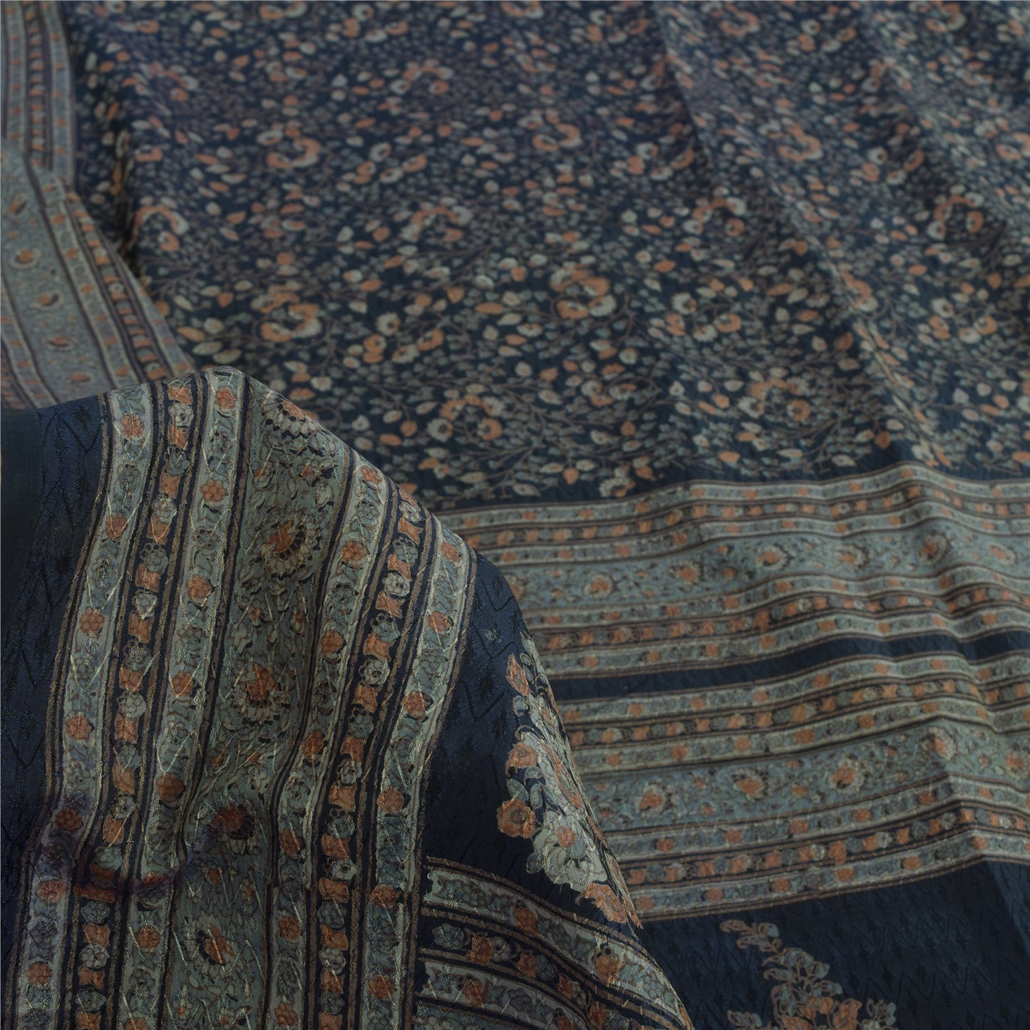 Sanskriti Vintage Sarees From India Dark Blue Pure Silk Printed Sari 5yd Fabric