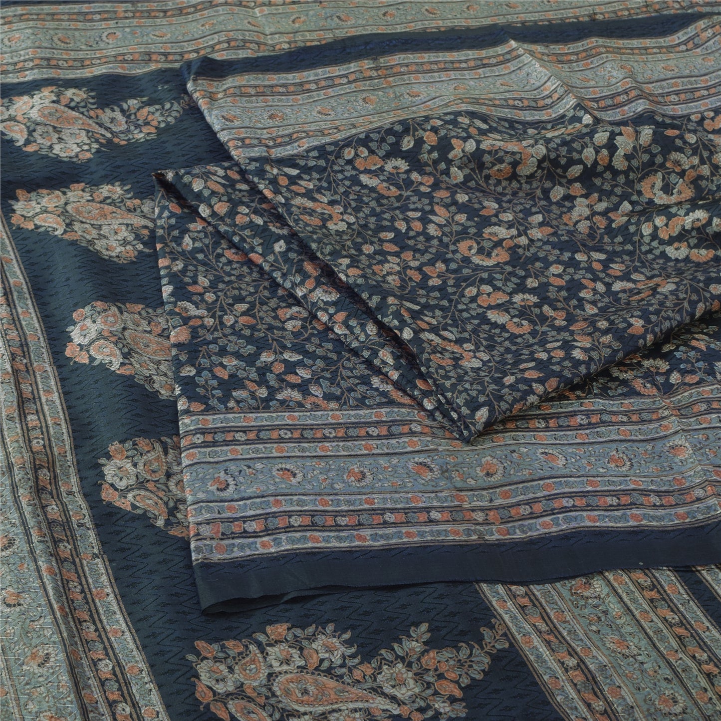 Sanskriti Vintage Sarees From India Dark Blue Pure Silk Printed Sari 5yd Fabric