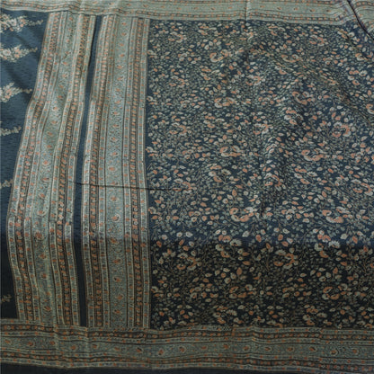 Sanskriti Vintage Sarees From India Dark Blue Pure Silk Printed Sari 5yd Fabric